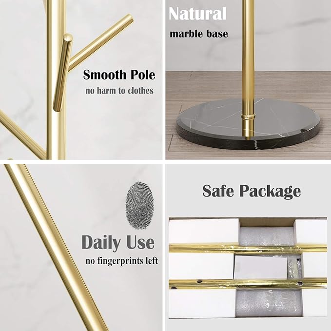Jolitac Metal Coat Rack Stand Golden Satin Steel Finish Stable Marble Base, High-Grade with Hooks Metal Tree Hat & Coat Hanger Floor Free Standing Wall Bedroom Easy Assembly (Golden)