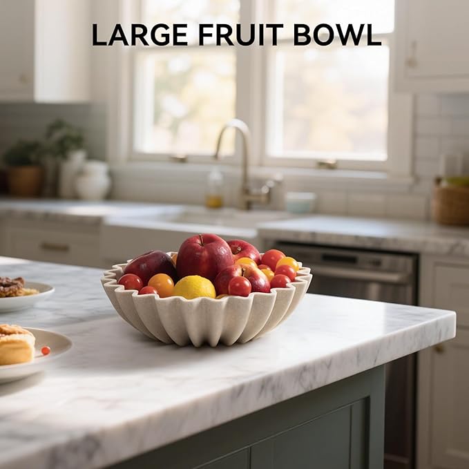 Large Decorative fruit bowl for Home Decor Modern Handicraft Key Bowl for Entryway Table Ruffle Centerpiece Stylish Purse Bowl for Kitchen Counter Coffee Table(Artificial Stone Beige)