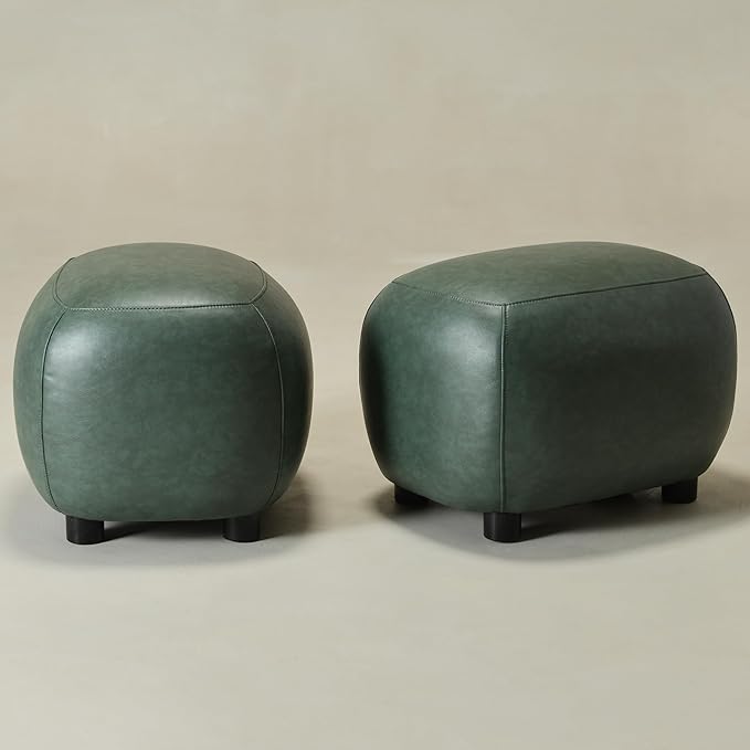 KINWELL 23" Wide Faux Leather Upholstered Ottoman Set of 2, Mid-Century Modern Living Room Footrest with Soft Padded Seat, Footstool for Bedroom, Entryway or Living Room, Green