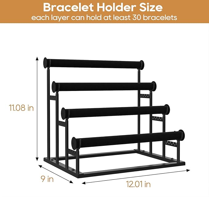 ORLESS 4 Tier Bracelet Holder, 2 Pack Detachable Velvet Jewelry Display Stand, T-Bar Necklace Storage Organizer Display Stand, Metal Bracelet Holder Display for Bangles Bracelets Scrunchies(Black)