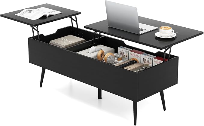 Tangkula Lift Top Coffee Table, Mid Century Modern Center Table with Split Top & 2 Hidden Compartments, Rectangle Accent Table with Tapered Metal Legs for Living Room (Black)