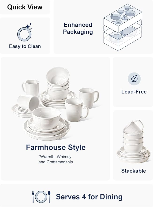 LE TAUCI Dinnerware Sets with Mugs for 4, Stoneware Plates and Bowls Set, Stackable, Microwave & Dishwasher Safe Ceramic Dishes, 16-Piece, White (10" Dinner & 8" Salad Plates, 6" Bowls, 18 oz Cups)