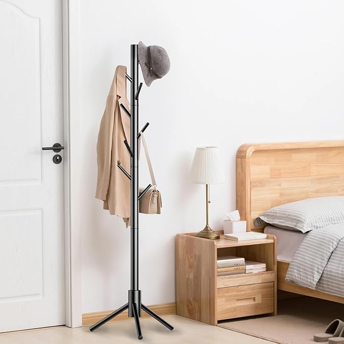 Aliphon Wooden Coat Rack Stand, Freestanding Coat Rack with 8 Hooks, 3 Adjustable Size Coat Tree for Hats, Coats, Scarves bags, Coat Hanger Stand Used in Bedroom/Office/Entryway,2 PCS (Black)