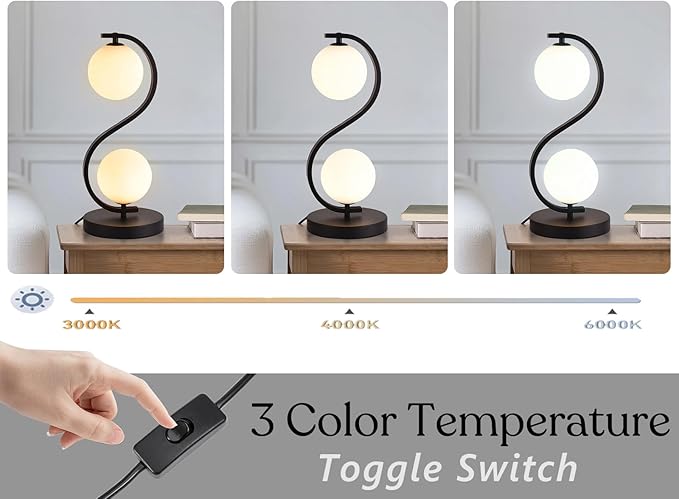 Modern Black S-Shaped Table Lamp 2-Lights Globe Glass Desk Lamp Plug in Metal 3 Color Temperatures Bedside Light Fixtures for Bedroom Living Room Office Study Corner
