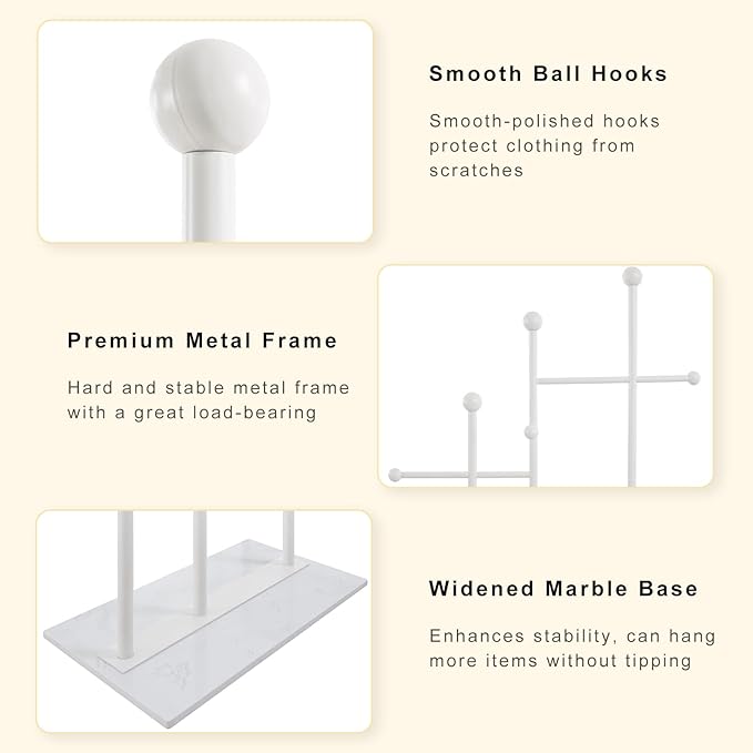 JIAYUEJU Freestanding Coat Rack with Marble Base Heavy Duty Clothes Rack Metal Coat Tree Stand Hat Rack for Corner Bedroom Entryway Living Room Hotel 19.69 x 11.02 x 68.9 Inches (White)
