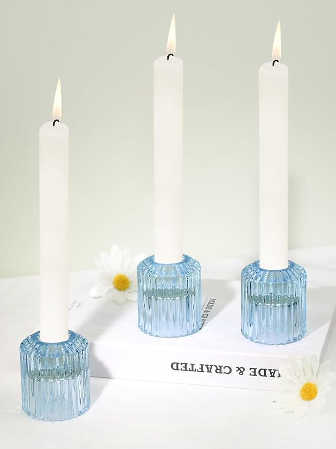 Reversible Blue Glass Candle Holder Set of 6, Thick Heat-Resistant Glass Candlestick Holders for Taper, Tealight, Votive, LED Candles, Perfect for Wedding, Party, Home Décor