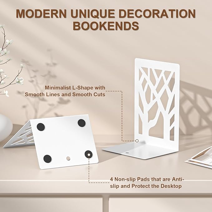 VFINE Withe Bookend 6-Piece, Tree Design Bookends for Shelves, Metal Book Ends for Desk, Decoration Stylish Bookshelf Bookends for Home Office School Supplies