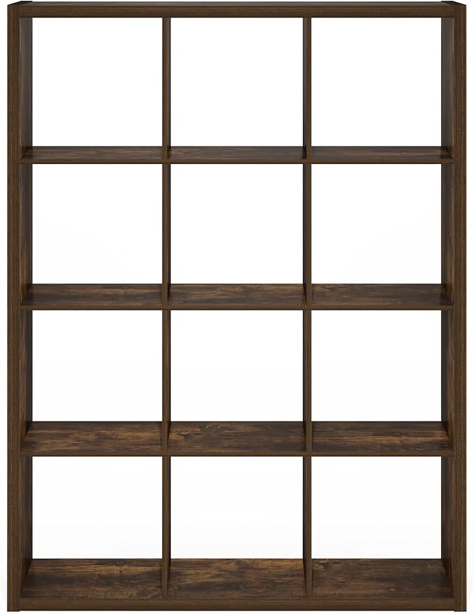 Furinno Cubicle Book Shelf, 12-Cube Bookshelf, Extra Thick Frame Reversible Bookcase with Open Back, 14.6" x 44" x 58", for Living Room, Bedroom, Home Office, Amber Pine