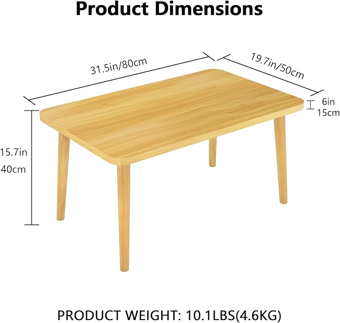 Square Coffee Table Low Table with 4 Solid Wood Sturdy Legs,Floor Table Desk for Sitting on The Floor,19.7"D x 31.5"W x 16"H Inches,Living Room/Toy room Furniture,Rental house Furniture(Natural)