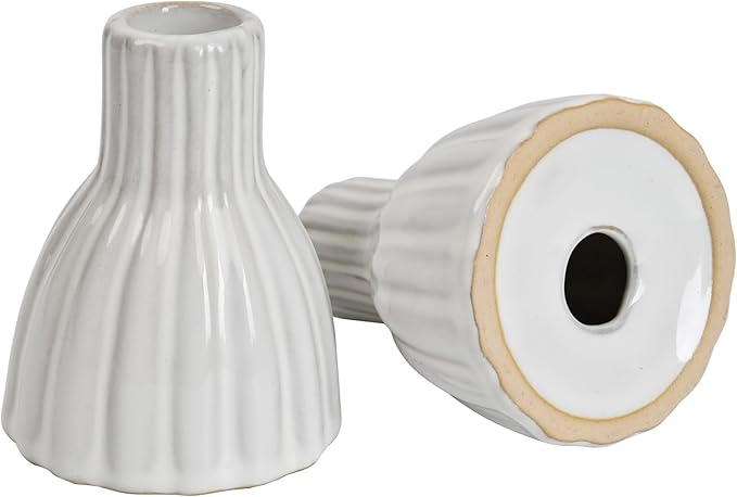 Set of 2 Vintage Ribbed Ceramic Taper Candle Holders, Distressed White Farmhouse Candlestick Stands for Tabletop, Mantel & Shelf Decor