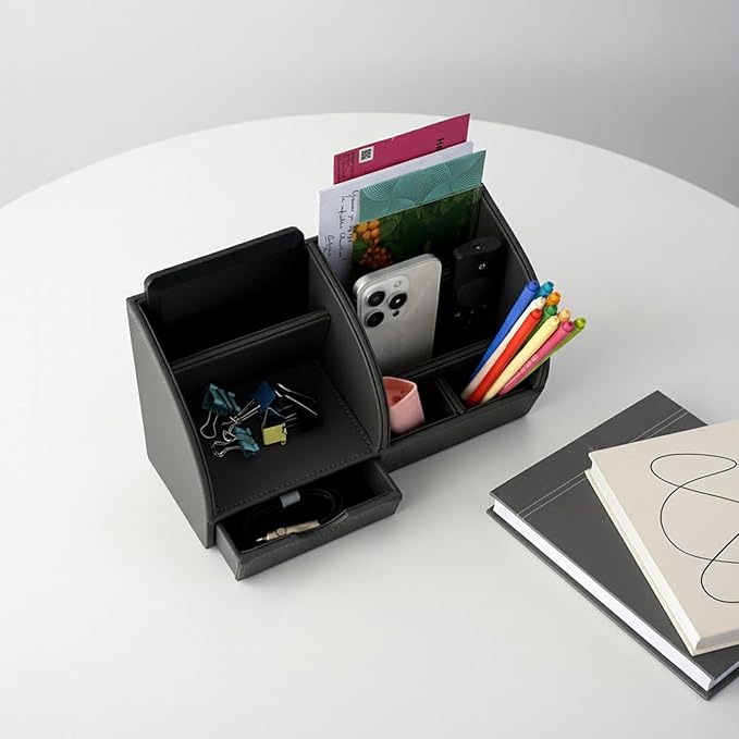 UnionBasic Desk Organizer - Multifunctional Leather Desktop Pen Holder Storage Box - Business Card/Pen/Pencil/Mobile Phone/Stationery Holder, Taiga Dark Gray