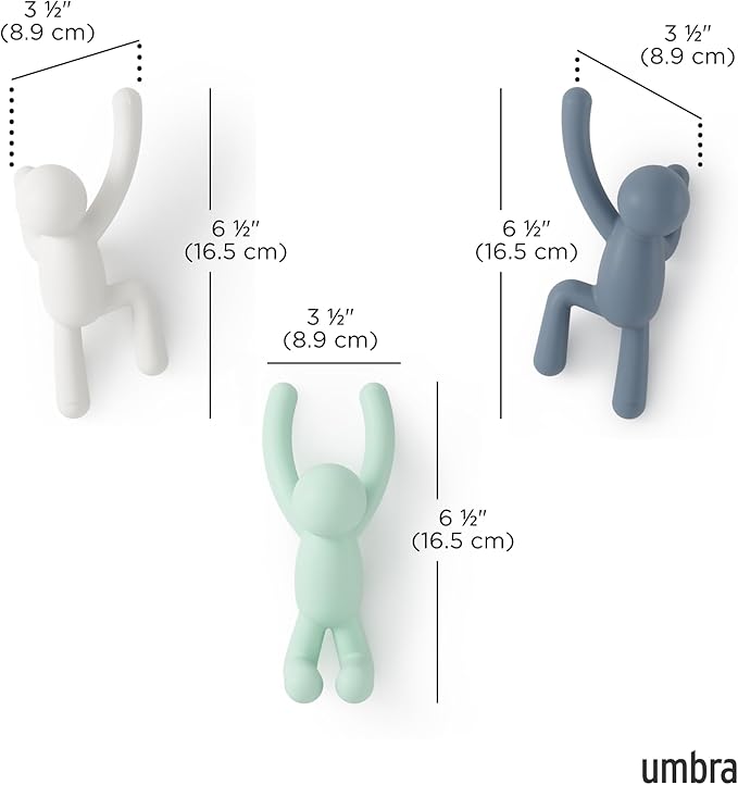 Umbra Buddy Wall Hooks – Decorative Wall Mounted Coat Hooks for Hanging Coats, Scarves, Bags, Purses, Backpacks, Towels and More, Set of 3, White/Grey/Mint