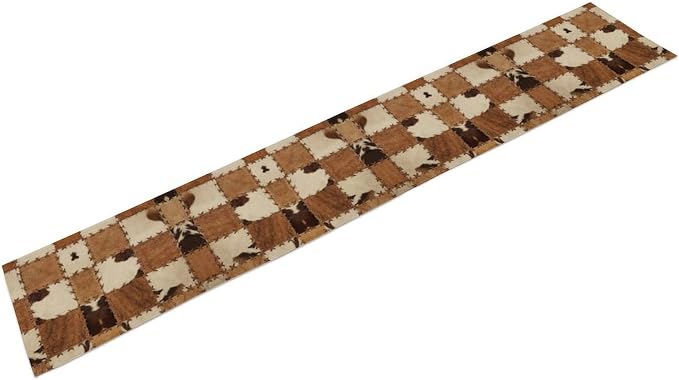 Western Style Cowhide Table Runner,Leather Animal Hair Vintage Splicing Grid Pattern Table Runner for Coffee Table Dining Room Table Bedroom Party Holiday Decor 13x36inch