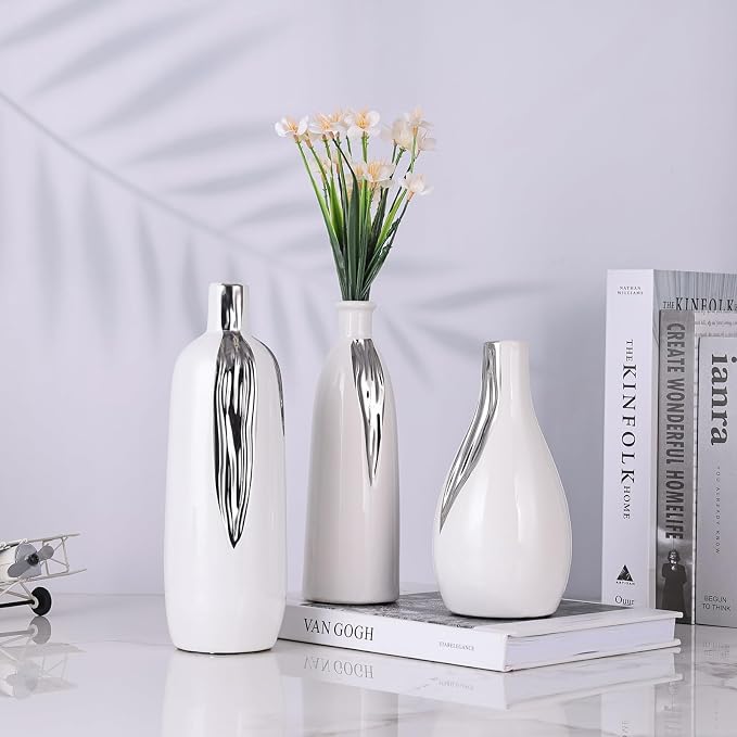 Ceramic Vase 3 Piece Set, White and Silver Vases for Home Decor, Decorative Vases for Mantels, Shelves and Entryway Decor, Dining Table Centerpieces, Living Rooms, Fireplaces and Kitchen Decor.