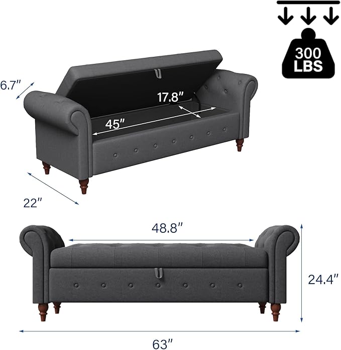 ODUWA 63 Inch Upholstered Tufted End of Bed Storage Bench with Arms,Larger Storage Space, End of Bed Bench for Bedroom Living Room Entryway (Green-Velet)