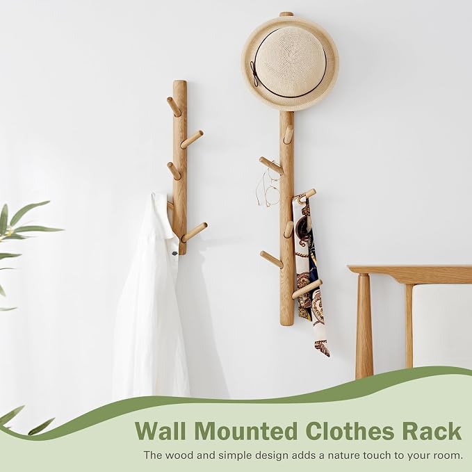 Vertical Coat Rack Wall Mounted - Height 20 Inches, Oak Wood Vertical Hat Rack for Wall with 5 Hooks, Modern Coat Rack Tree for Hanging Hats, Jackets, Bags in Entryway Bedroom Office