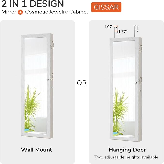 GISSAR Jewelry Mirror Armoire Wall Mount Over The Door Mirror Jewelry Cabinet Storage Mirror Organizer Lockable Full Length Door Mirror(White Oak)