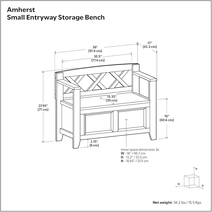 SIMPLIHOME Amherst Entryway Storage Bench - 36 inch Wide Solid Wood Hallway Bench in White, Transitional Bench for Entry or Mudroom with Lift-Up Lid, Storage Compartments and X-Back Detail