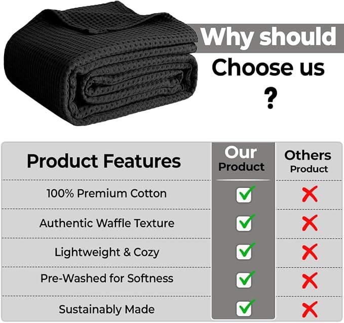 100% Cotton Blankets for Bed - Waffle Weave Blankets for Summer, Lightweight and Breathable Soft Woven Blanket for Spring (Black, Queen (90" x 90"))