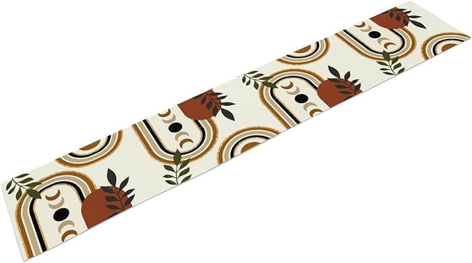YCness Boho Mid Century Table Runner for Laundry Room Party Kitchen Dining Modern Sun Moon Phase Abstract Minimalist Aesthetic Leaves Arch Geometric Brown Black Orange, 13x60 Inch