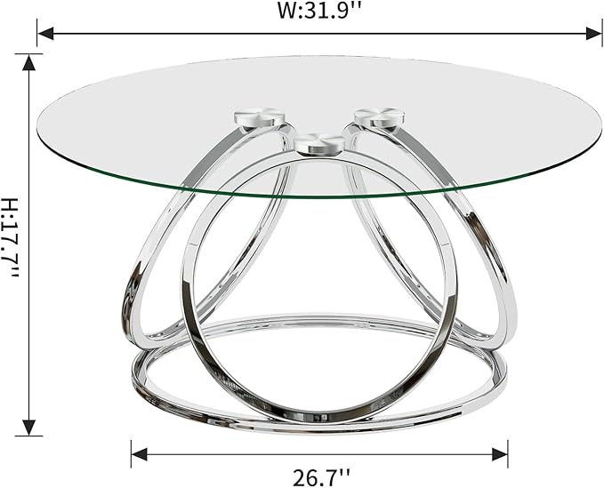 O&K FURNITURE Silver Coffee Table, Modern Glass Coffee Table Living Room Table with Ring-Shaped Frames, Glass Coffee Table for Home&Office, Chrome Finish, 1 PC | Modern, Living Room Table, Glass Coffee Table, Home&Office, 1 PC