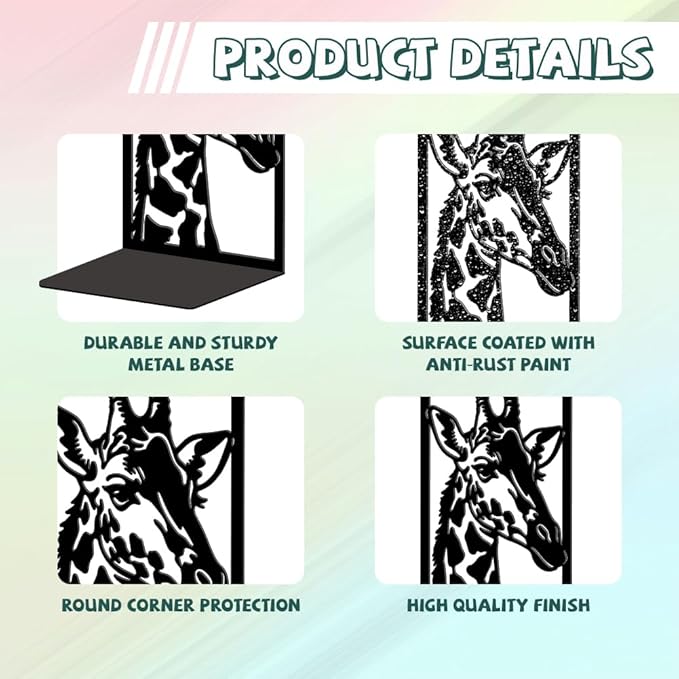 Peacoblue Metal Bookends for Shelves, Modern Decorative Heavy Duty Study Book Ends Stoppers for Office, Desk, Shelf, Room 5.3"x4.3"x7.9" Cast Iron Simple Tall Bookends 1 Pair (Giraffe)
