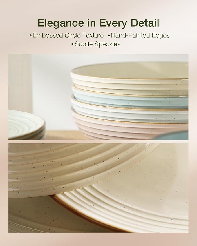 Famiware Jupiter 12-Piece Stoneware Dinnerware Set for 4, Handcrafted Plates and Bowls with Speckles & Embossed Swirls, Chip/Scratch Resistant, Microwave/Dishwasher Safe, Modern Dishes, Multi-color