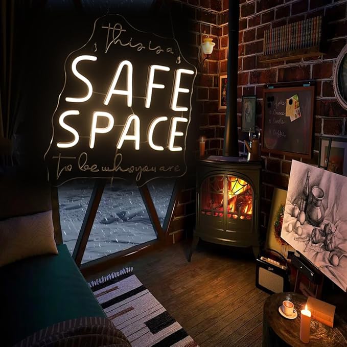 "This Is A Safe Space To Be Who You Are" Neon Sign, Positive Quotes Decorative Neon Lights for Home Room Wall Decor, Kids Room Wall Hanging Banners, Playroom Wall Decor Neon Light Sign(warm white)