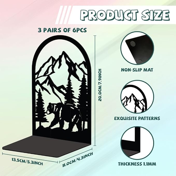 Peacoblue Metal Bookends for Shelves, 3 Pair of Modern Decorative Heavy Duty Study Book Support Stoppers for Office Desk Shelf Room 5.3"x4.3"x7.9" Cast Iron Bookends (Mountain and Forest with Bear)