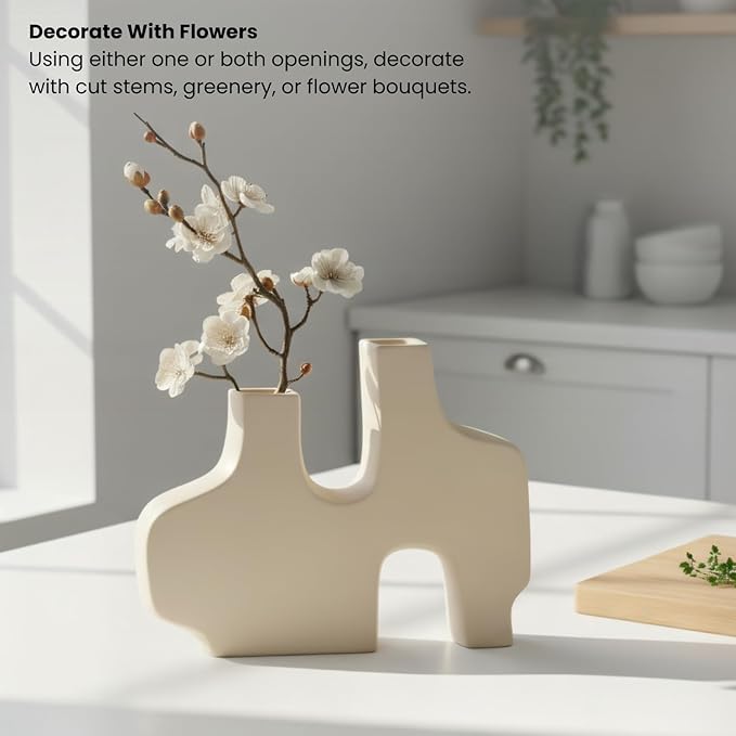 Torre & Tagus Abstract Duo Matte Beige Ceramic Vase for Flowers - 9 Inch Tall Vase for Table Centerpiece Minimalist Shelf Decor (11.5" W x 9" H Beige)