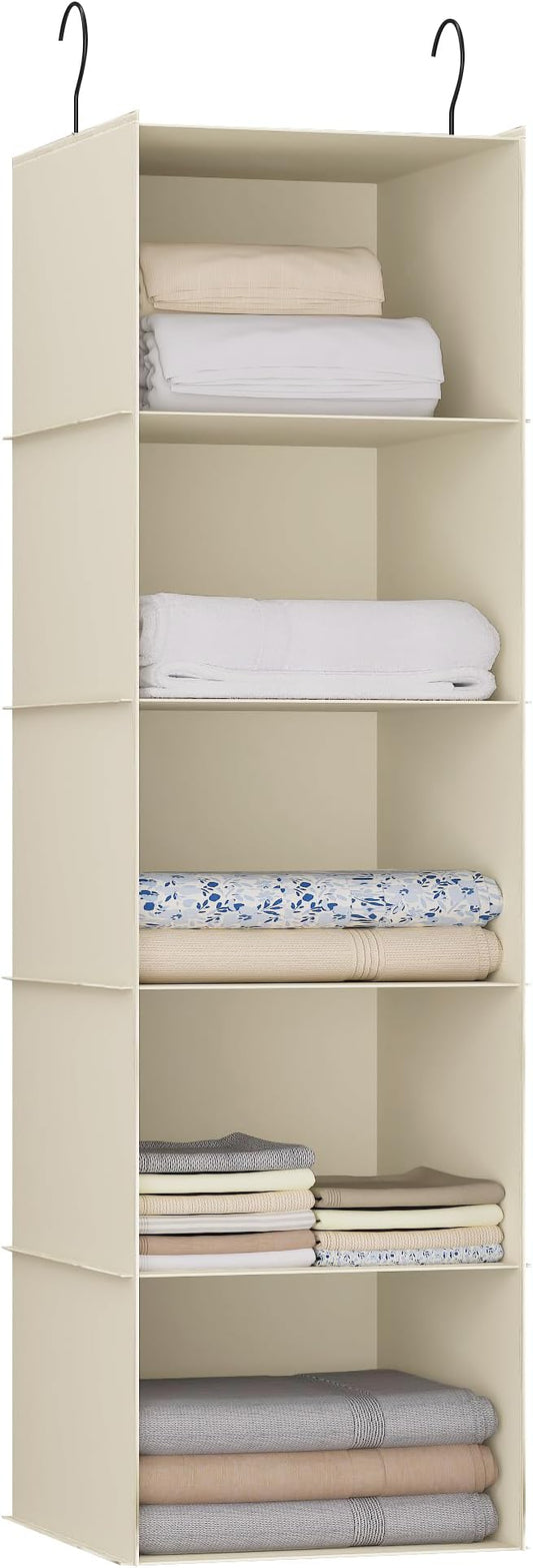 Hanging Closet Organizer, Easy Mount Foldable 5-Shelf Hanging Closet Wardrobe Storage Shelves, Clothes Handbag Shoes Accessories Storage, Washable Oxford Cloth Fabric, Beige