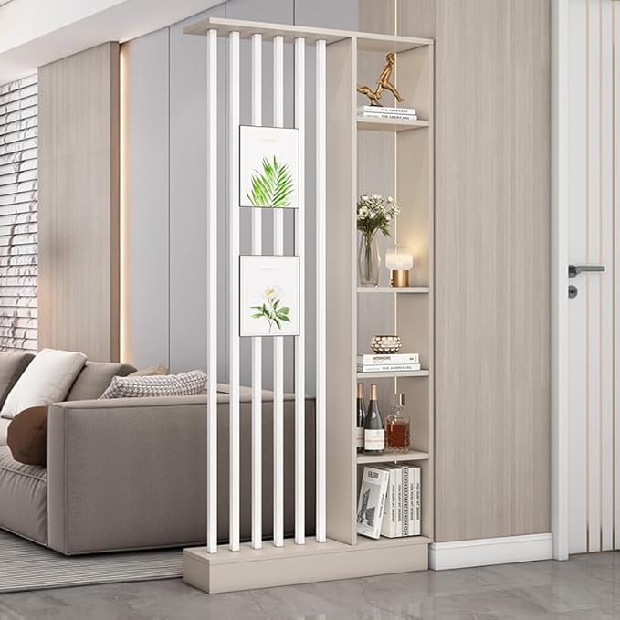 Wall Room Divider, Storage Cabinet Storage Display with Shelves, Modern Freestanding Wood Room Divider Screen, Wall Privacy Screens for Home Decorative (Beige+White,35.4" L x 9.5" W x 79.5" H)