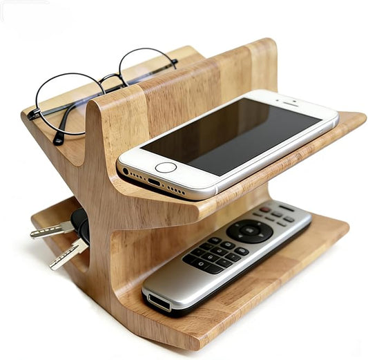 Remote Control Holder with 2-Tiers, Wooden Organizer Stand for TV/Streaming Remotes, Game Controllers, Glasses, Keys | Storage Caddy for Coffee Table, Living Room, Nightstand & Entertainment Center