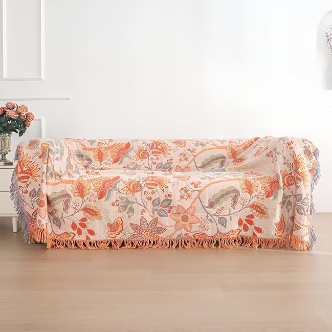 Boho Throw Blanket for Bed 100% Cotton Bohemian Blankets Ultra Soft Woven Muslin Decorative Blankets All Seasons Vintage Quilt Knitted Blanket for Sofa Chair(Orange, 50"x60")