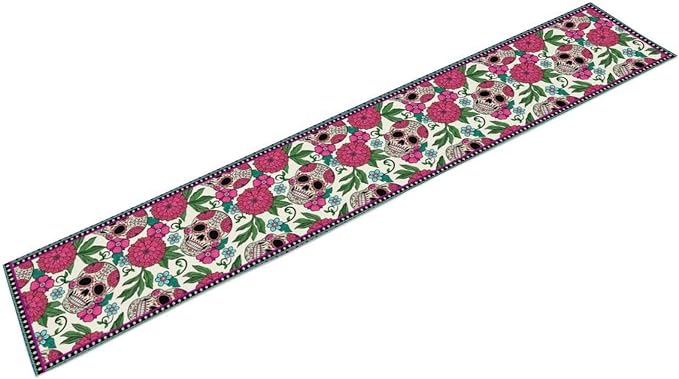 Dia De Los Muertos Table Runner Red Floral Cinco De Mayo Rustic Linen Mexican Sugar Skull Day of The Dead Altar Decoration for Home Kitchen Dining Room, 13x36 Inch White