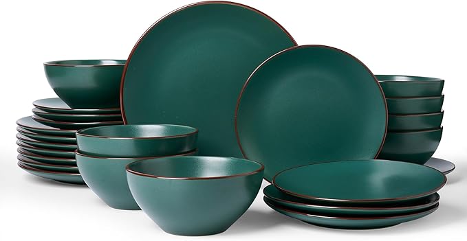 Famiware Venus 24-Piece Plates and Bowls Sets for 8, Stoneware Dinnerware Set with Trim, Modern Minimalist Dishes for Everyday & Formal Use, Chip Resistant, Microwave/Dishwasher Safe, Matte Dark Green