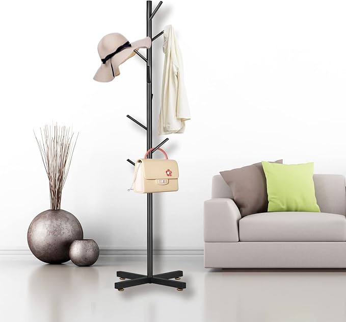 Snaikor Metal Coat Rack, Modern Coat Rack Freestanding, Sturdy Coat Tree Stand with Cross Base, Black Coat Racks Hall Tree for Clothes Jacket Hat Bag Entryway