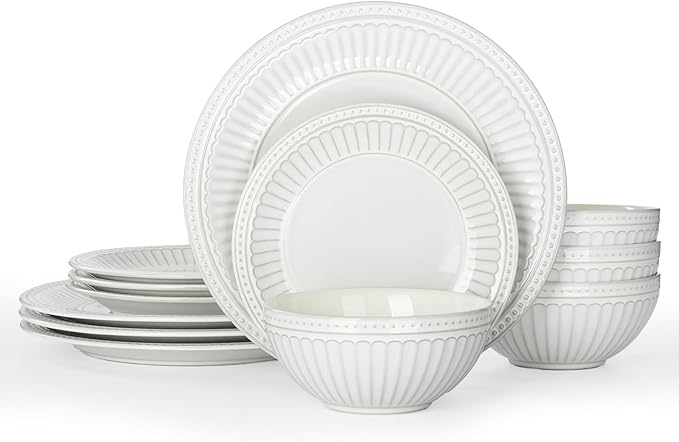 Famiware Garden 12-Piece Embossed Plates and Bowls Sets, Stoneware Reactive Glaze Dishes Dinnerware Set, Modern Rustic, Chip & Scratch Resistant, Microwave & Dishwasher Safe, Service for 4, White