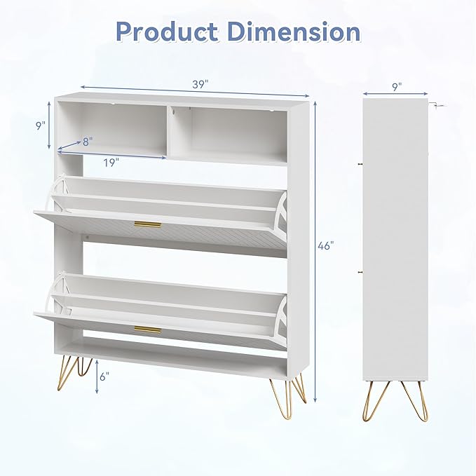 Fluted Shoe Cabinet Storage for Entryway, Set of 2, 39'' Large White Shoe Organizer with 2 Flip Drawers & Open Shelf, Freestanding Hidden Shoe Storage Cabinet