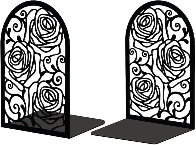 Peacoblue Metal Bookends for Shelves Decorative, Modern Creative Heavy Duty Study Bookends Stoppers Holder Stand for Desk Shelf, 5.3"x4.3"x7.9" Vintage Rose Book Ends Books Support, 1 Pair(Rose)