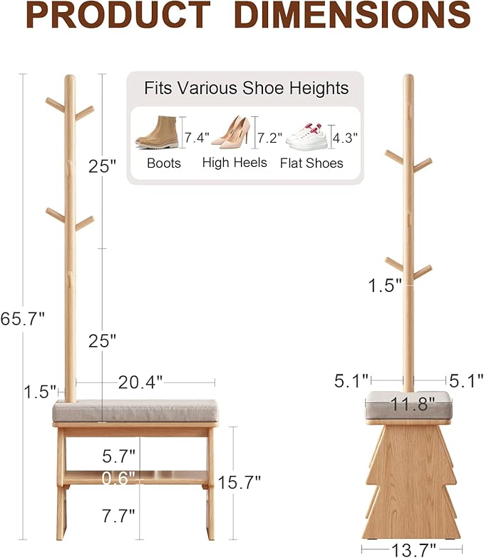 Coat Rack with Shoe Storage,Shoe Rack whit 8 Hook for Offices、Bedroom、Living Room,Small Shoe Bench, Natural