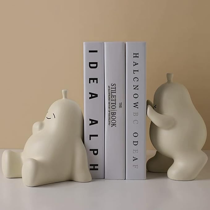 Linxia Pear Bookends Vanilla White Ceramic Creative Bookends for Shelves Book Holder Stopper for Books/Movies/CDs/Video Games (1 Pairs) Backrest Style