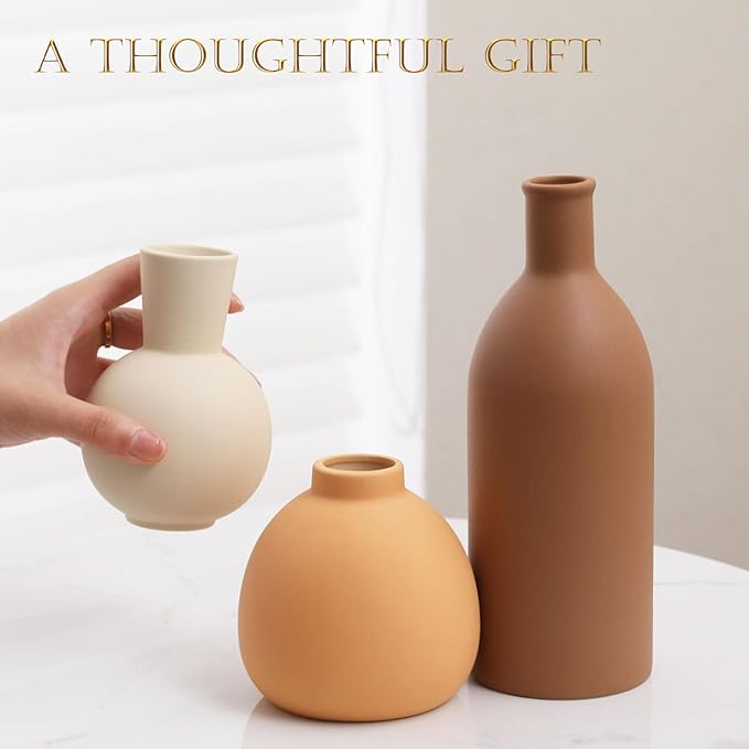 Joeabor Ceramic Vase Set of 3 - Handcrafted Ceramic Vases for Home Decor & Shelf - Modern Farmhouse Decor for Kitchen, Office, Bedroom & Living Room Decorative Objects for Mantel, Table Centerpieces