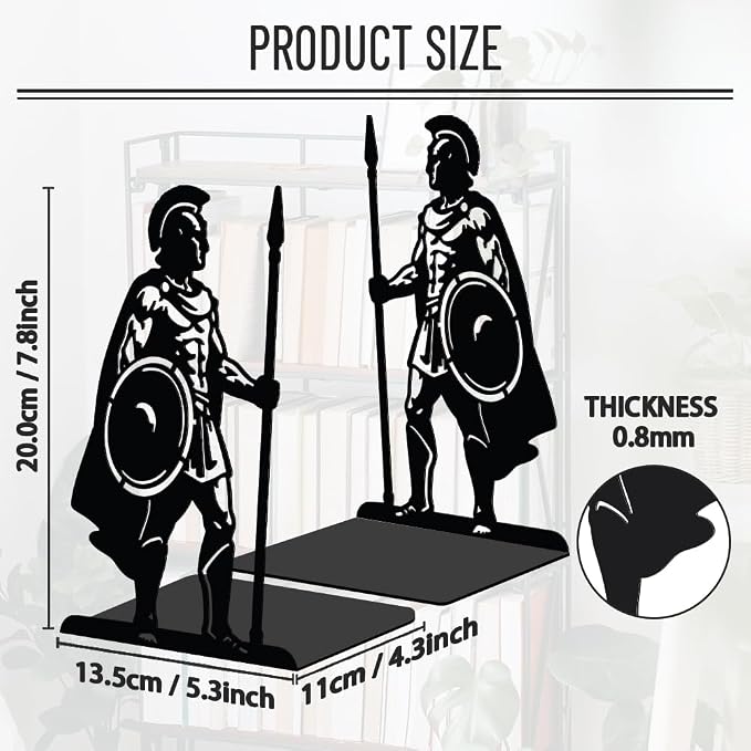 WADORN 1 Pair Spartan Guards Metal Decorative Bookend for Shelves, Heavy Duty Book Ends Modern Non-Skid Books Holder Stand Black Book Support Stoppers for Desk Bookshelf Office Home, 5.3x4.3x7.8 Inch