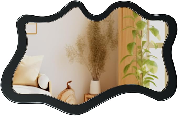 43"x 28" Irregular Wall Mirror, Black Wood Framed Wall Mirror, Asymmetrical Wall Wavy Mirror for Living Room Bedroom Entryway Bathroom Modern Decorative Mirror with Hanging Hooks