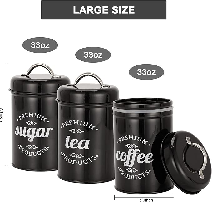 3 Piece Food Jars Canisters Sets, Airtight Coffee Container, Tea Organizer, And Sugar Canister, Rustic Farmhouse Decor for Kitchen Countertop (Black)