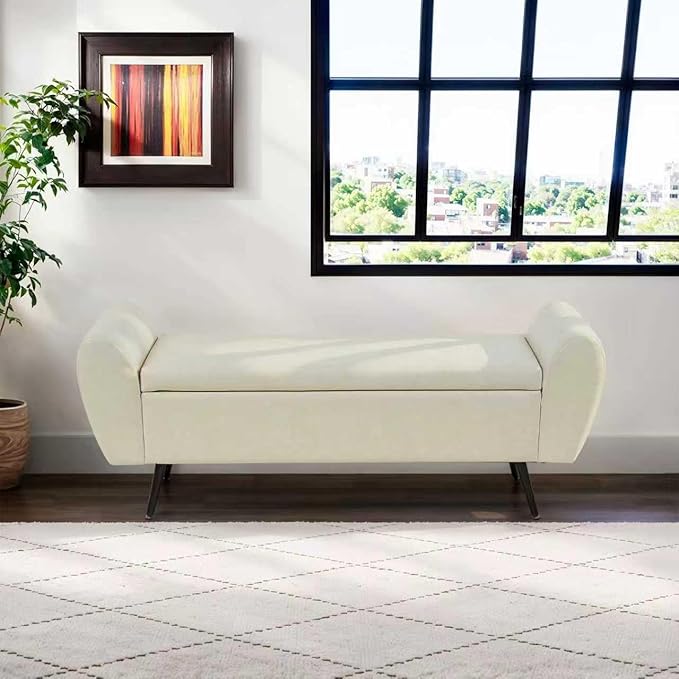 Storage Bench for Bedroom, 57" Extra Long Bench for King Size Bed, Modern Upholstered End of Bed Ottoman Bench with Arms for Entryway Living Room (Vegan Leather, Beige)