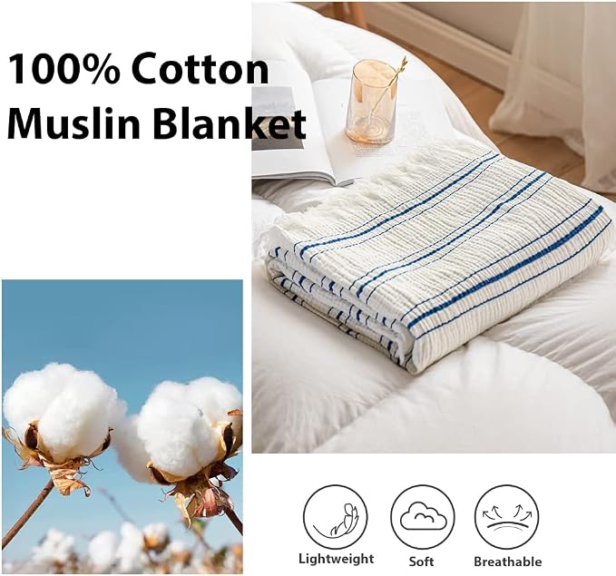 Simple&Opulence Yarn Dyed Striped Cotton Muslin Throw Blanket for Bed, Couch, Knit Woven Blanket with Tassels Soft Lightweight Cozy Pre-Washed Breathable Farmhouse Decoration for All-Season(Blue)
