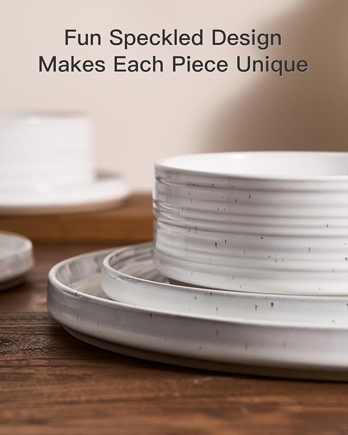 24-Piece Stoneware Dinnerware Set – High Edge Plates & Bowls with Reactive Glaze, Speckles & Spirals, Scratch Resistant Dish, Microwave Dishwasher Safe, Service for 8, Gift Box, White