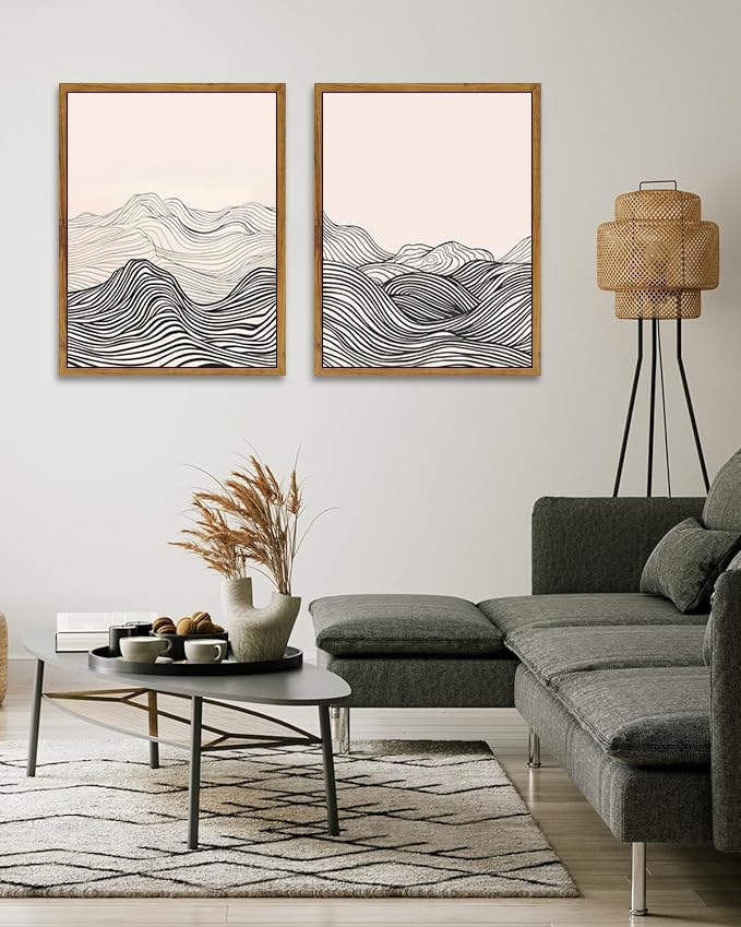 ARTZIO Framed Canvas Prints-Black and White Wall Art,Japanese Minimalist Abstract Ocean Wave Line Art,Vintage Retro Decor,Ready to Hang for Living Room,Bedroom,Bathroom & Office(16"x24")
